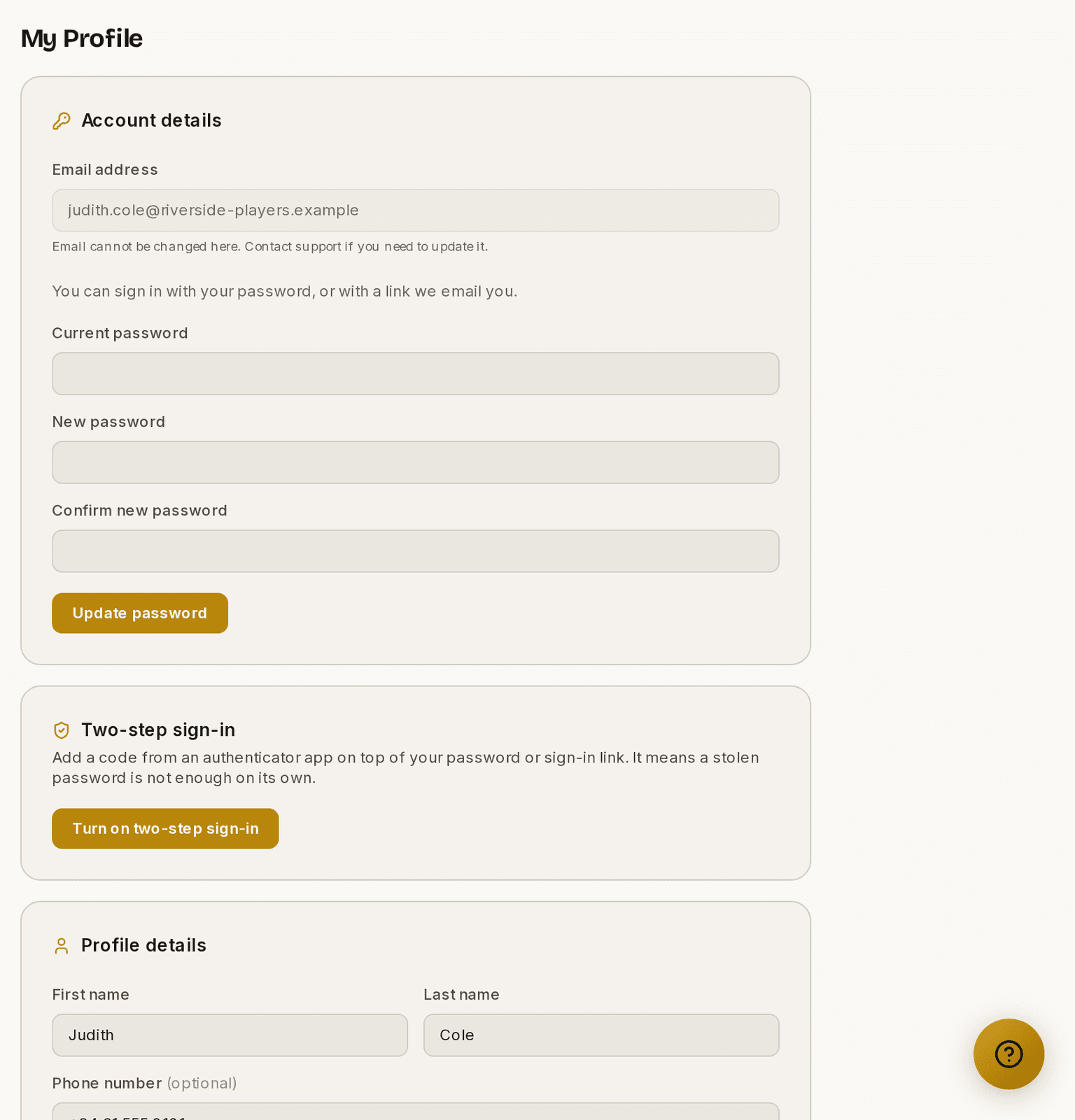 The My Profile page, with account details and two-step sign-in.