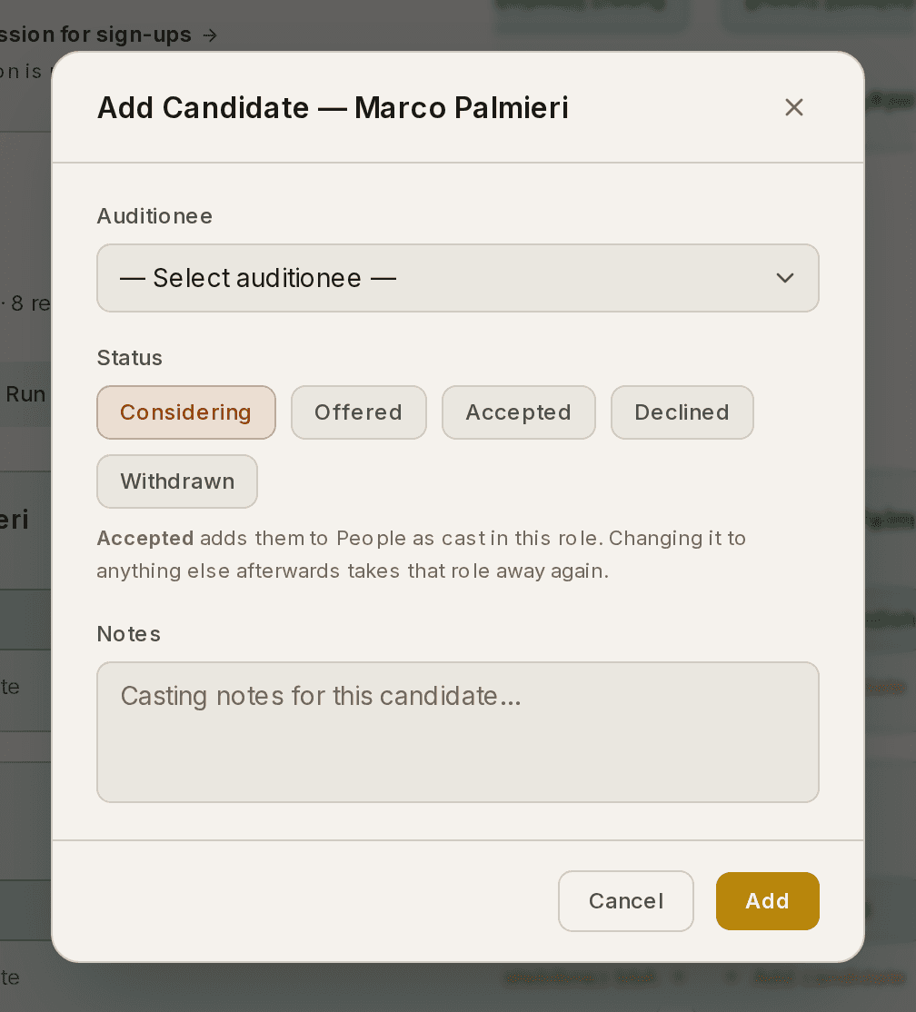 The casting decision box, with the five outcomes to choose from.