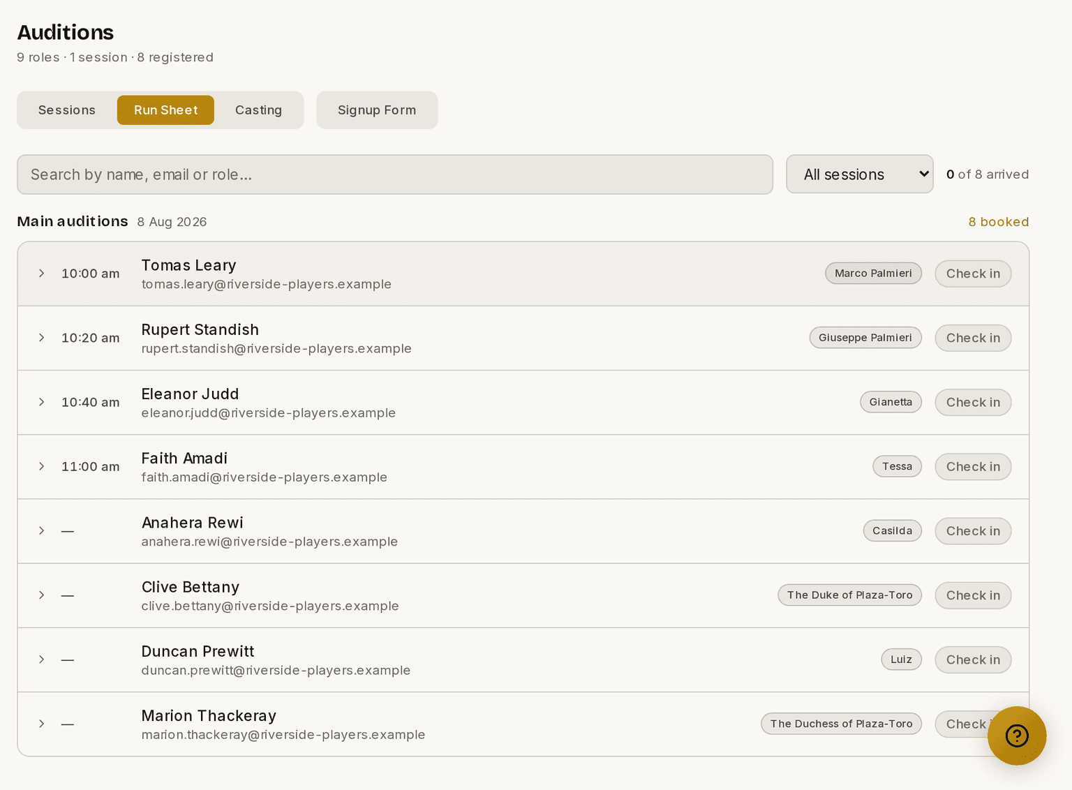 The Run Sheet, listing everyone booked in slot-time order with a Check in button beside each name.