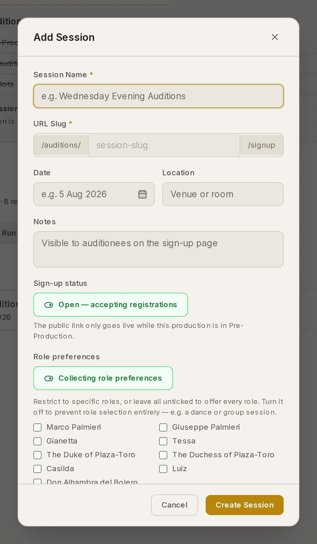 The Add Session dialog, with session name, URL slug, date, location, sign-up status and role preferences.