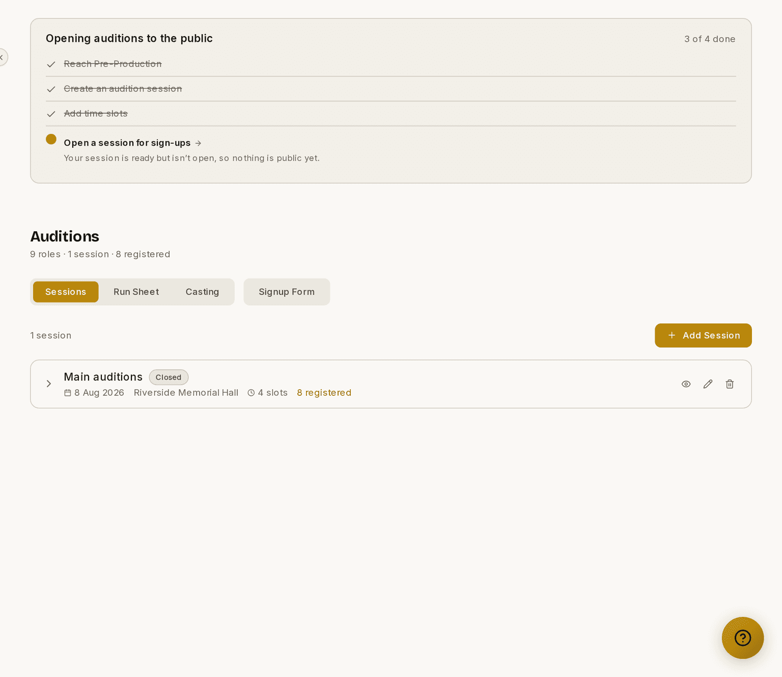 The Auditions page, with the readiness checklist above the Sessions tab.