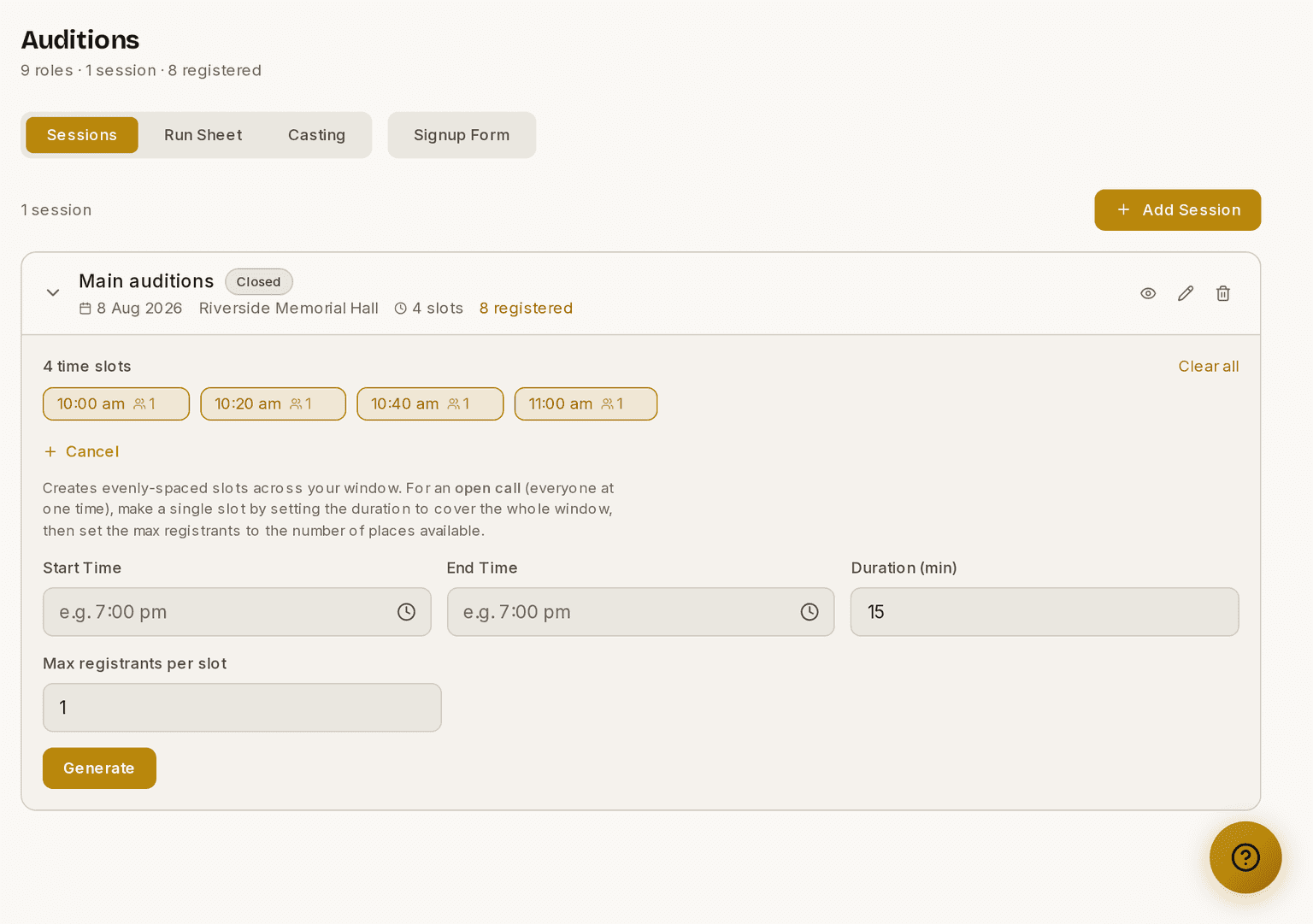 The slot generator, with start time, end time, duration and maximum registrants per slot.