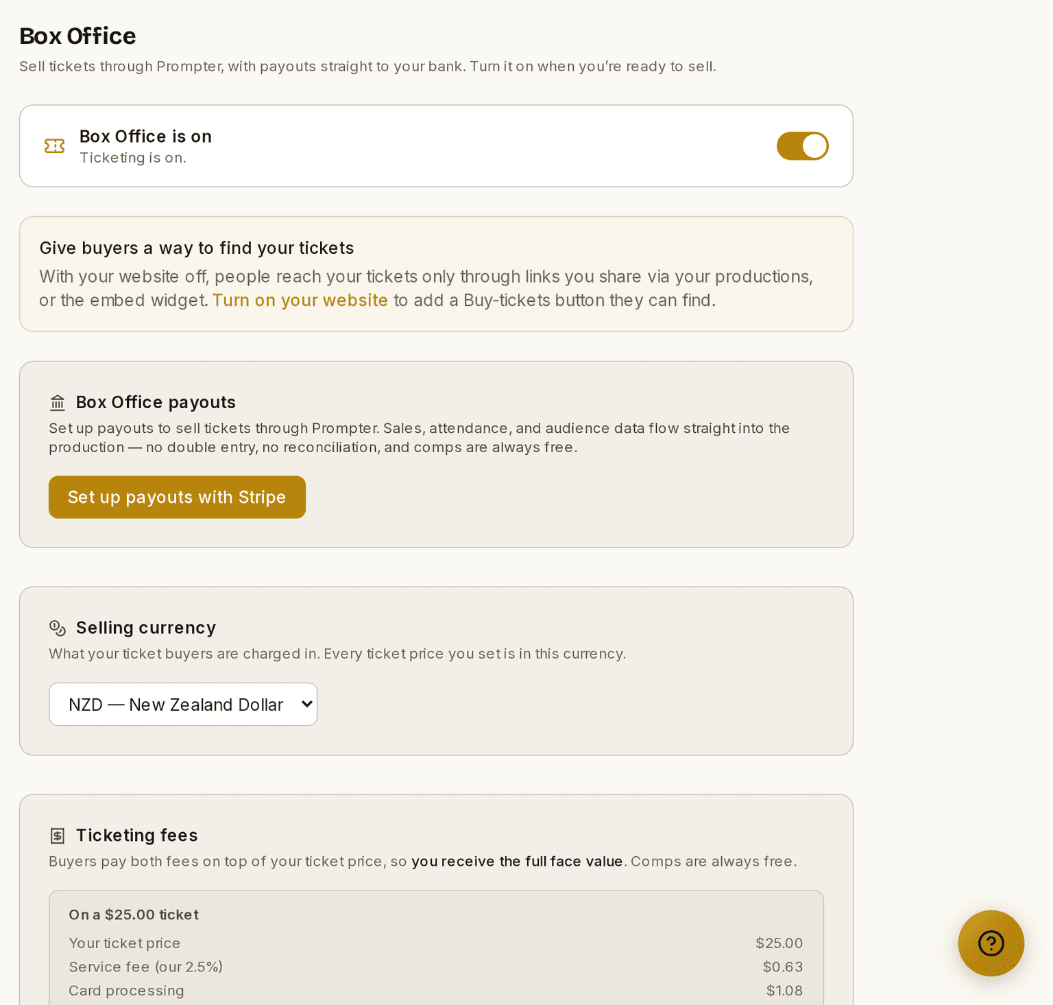 The organisation Box Office page, with payouts and the selling currency.
