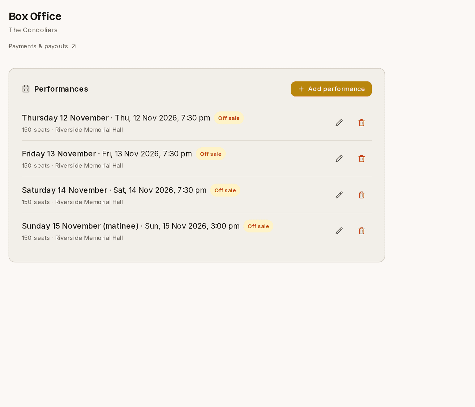 The performances page, listing the nights of the run with their capacity.