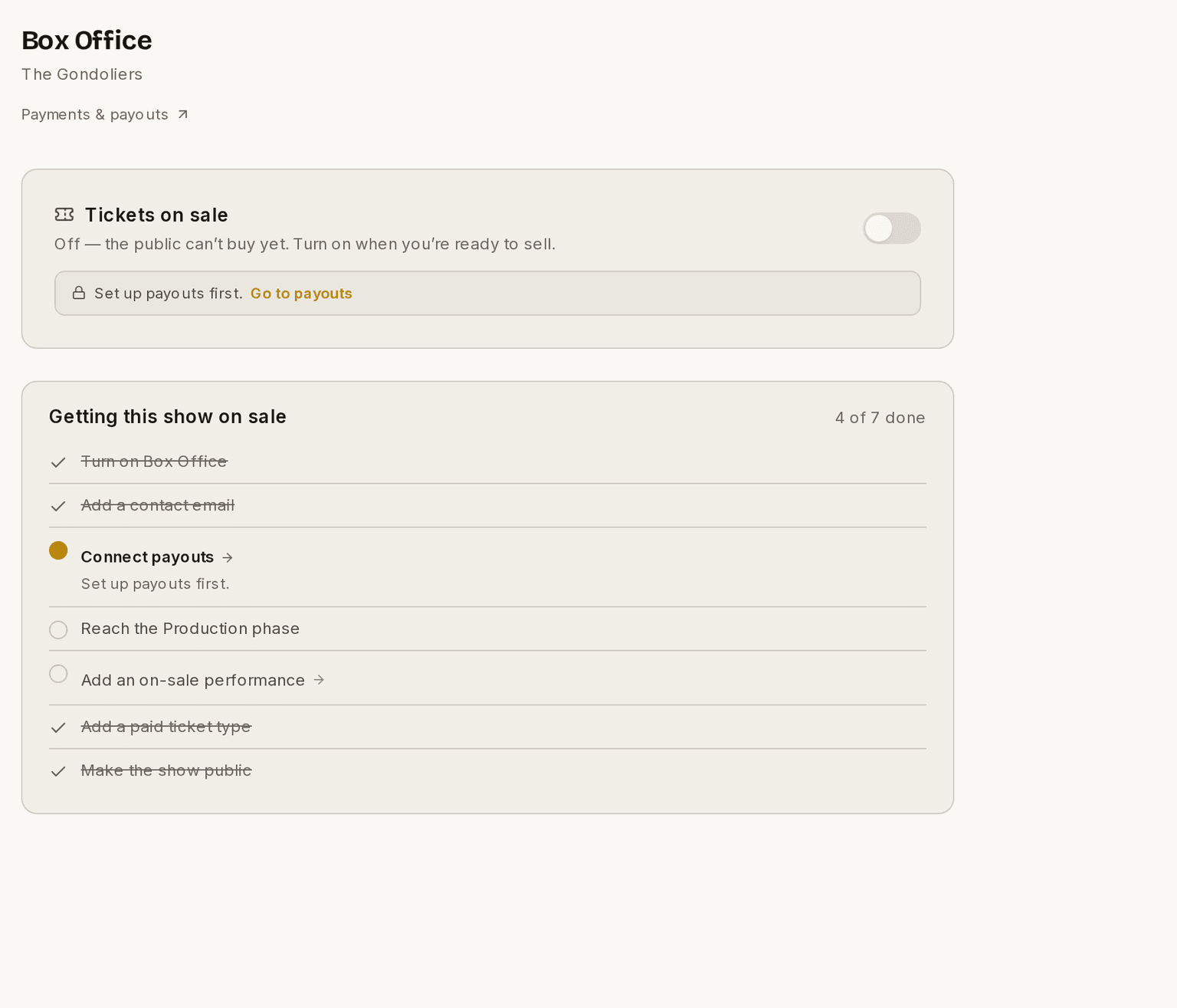A production Box Office, with tickets not yet on sale and the outstanding steps listed.