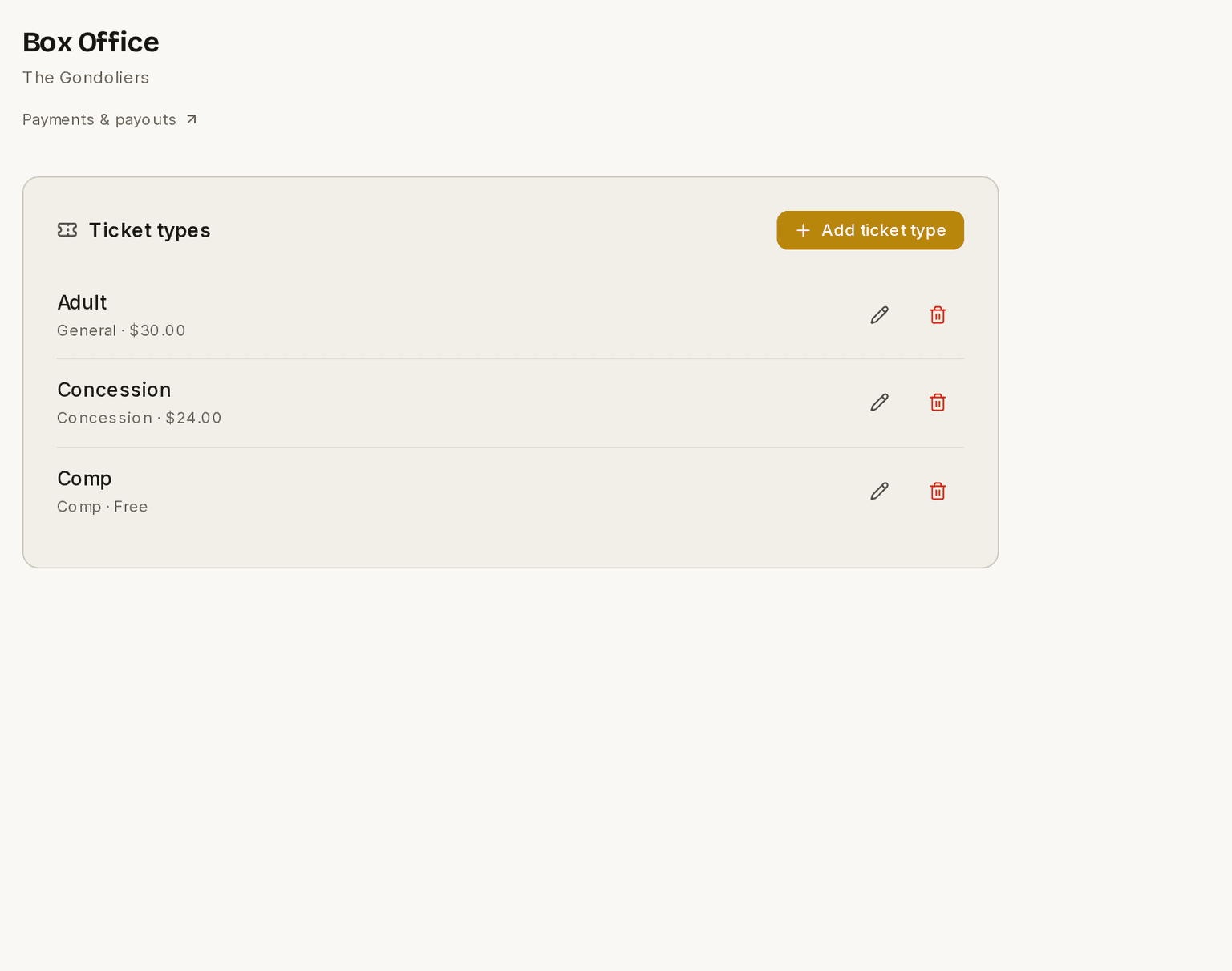 The ticket types page, with an adult price, a concession and a free comp.
