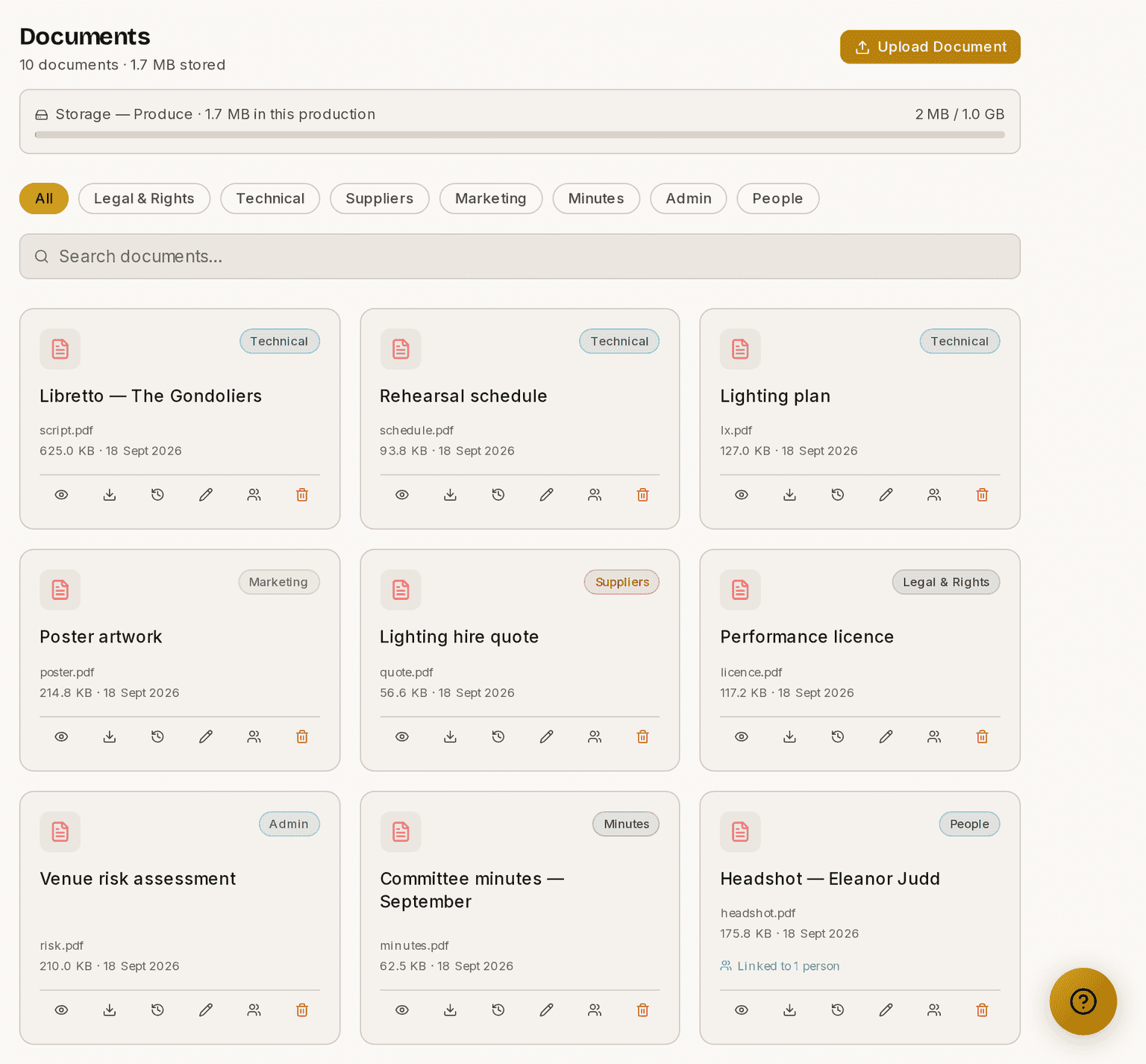 The documents library, with category filters and the storage meter.