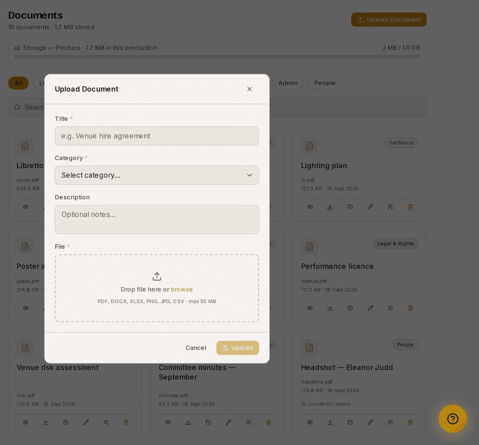 The upload form, with title, category, description and the file picker.