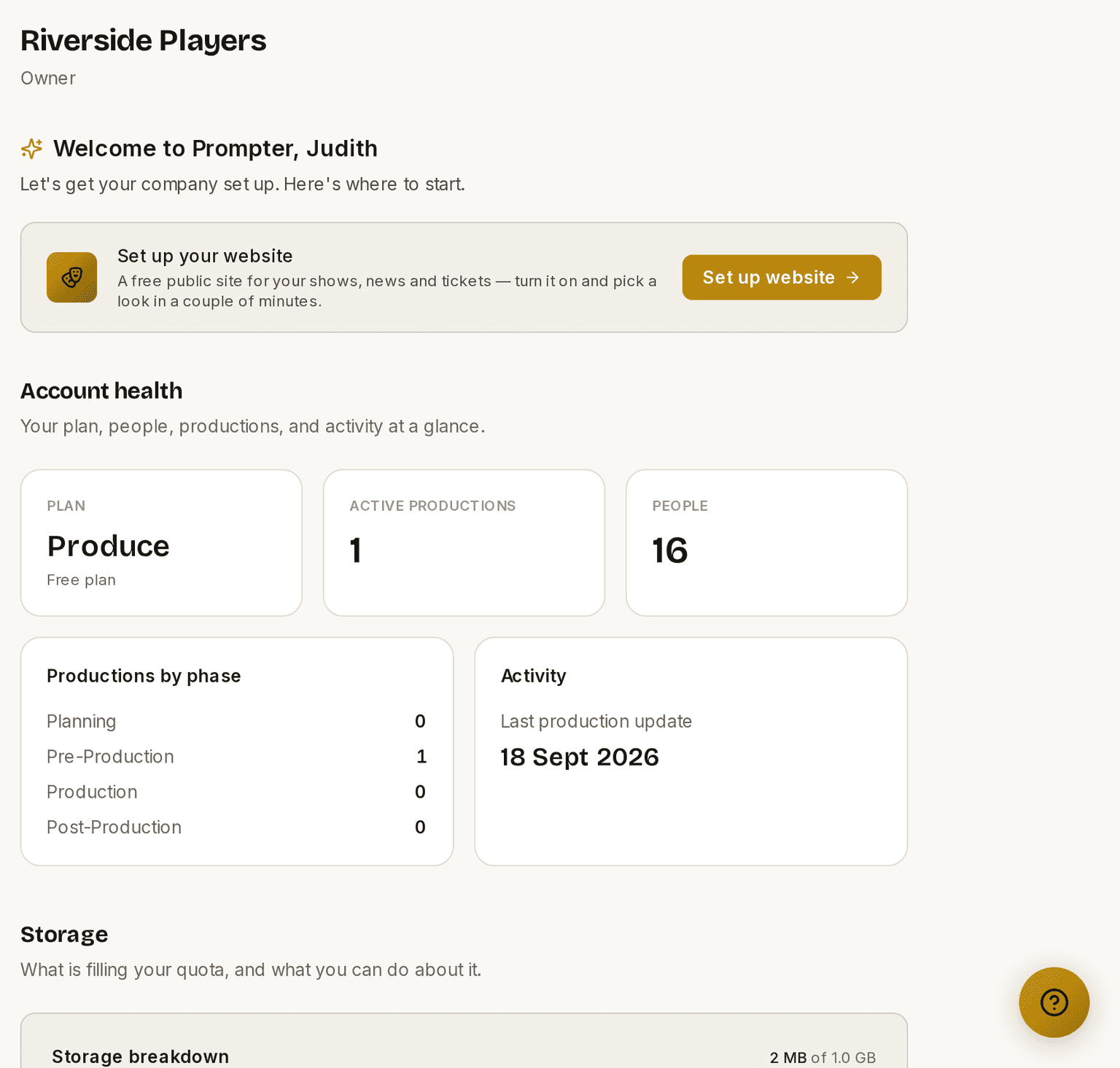 The organisation dashboard, with account health, plan and storage.