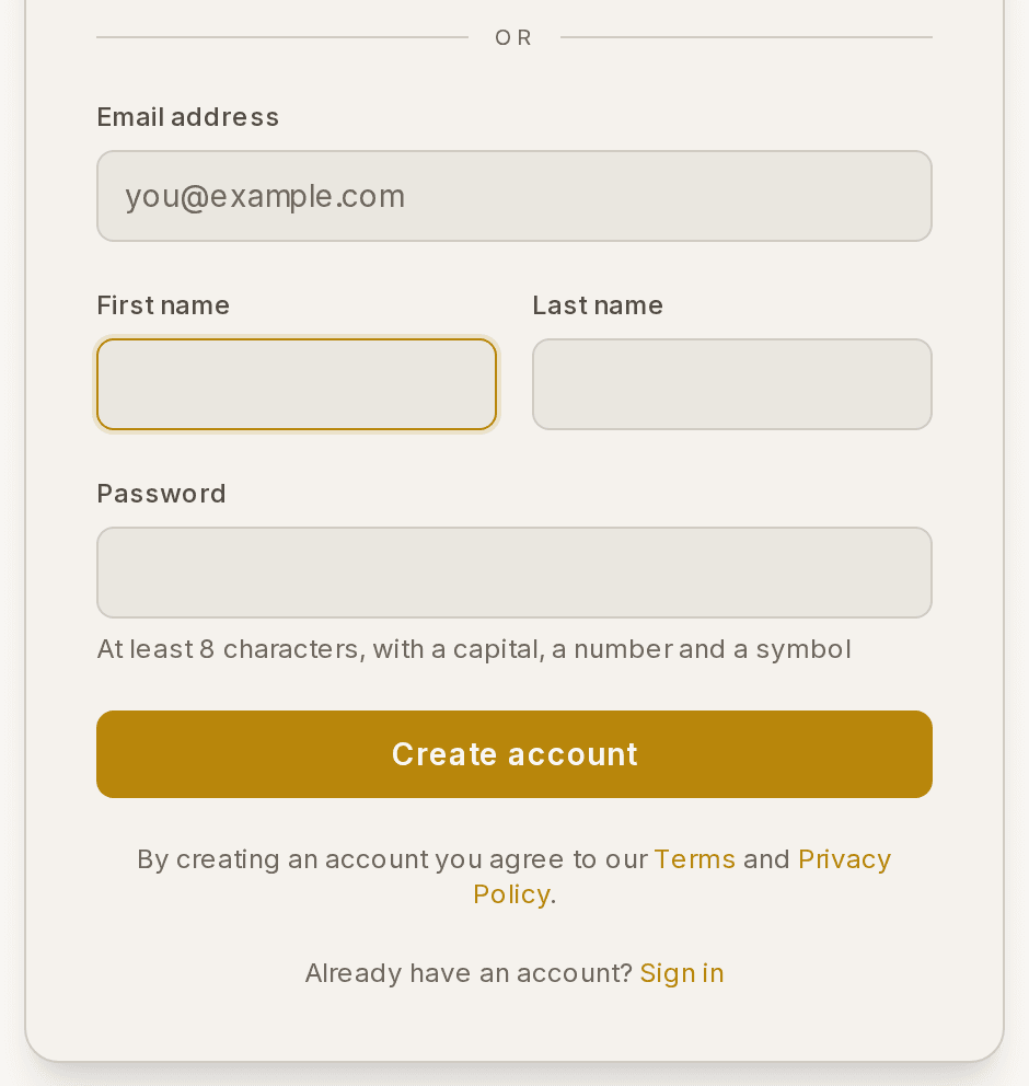 The sign-up form, asking for a name, an email address and a password.