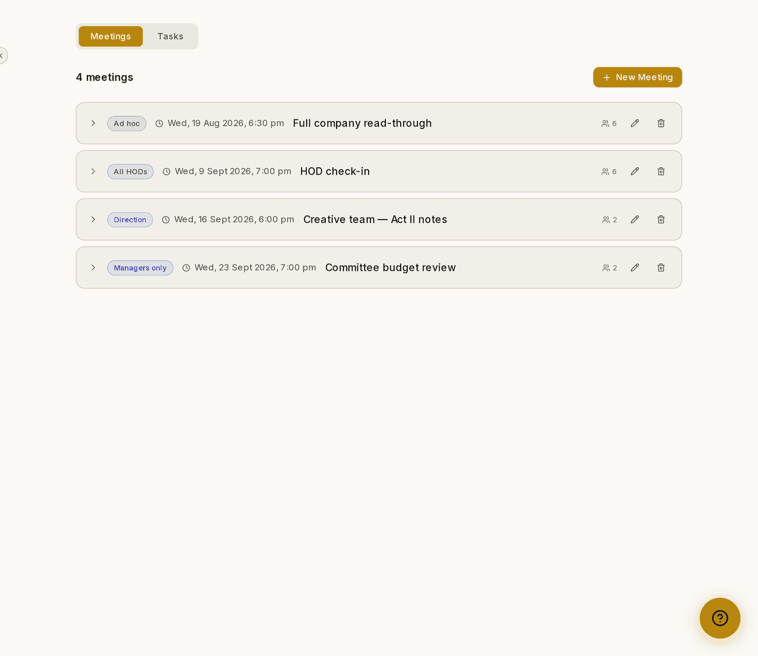 The meetings list, each showing its type, date and how many people are invited.