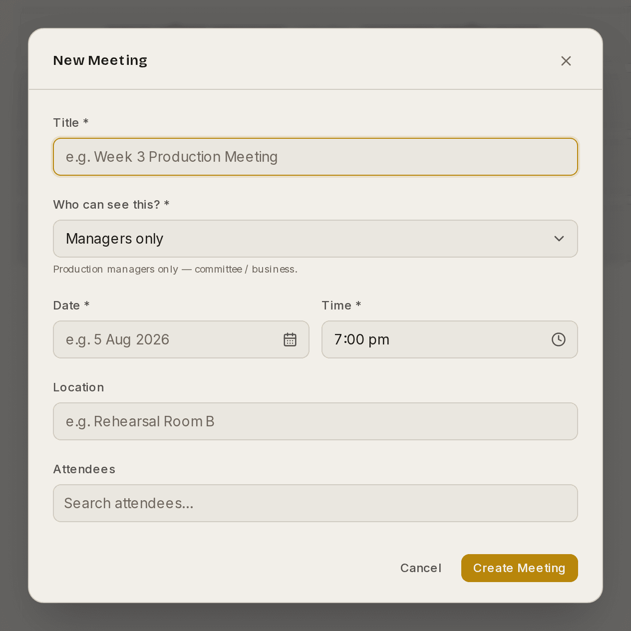 The New Meeting dialog, with the Who can see this control.