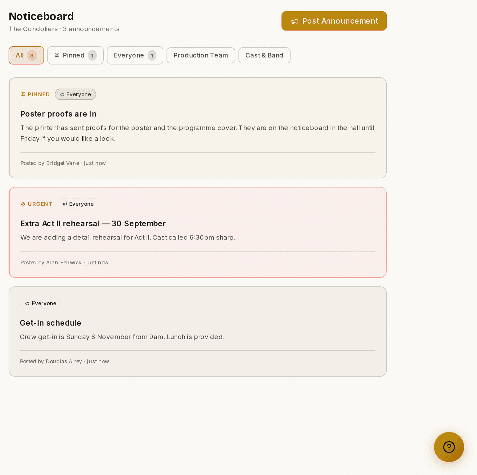 The noticeboard, with announcements filtered by audience and a pinned post at the top.