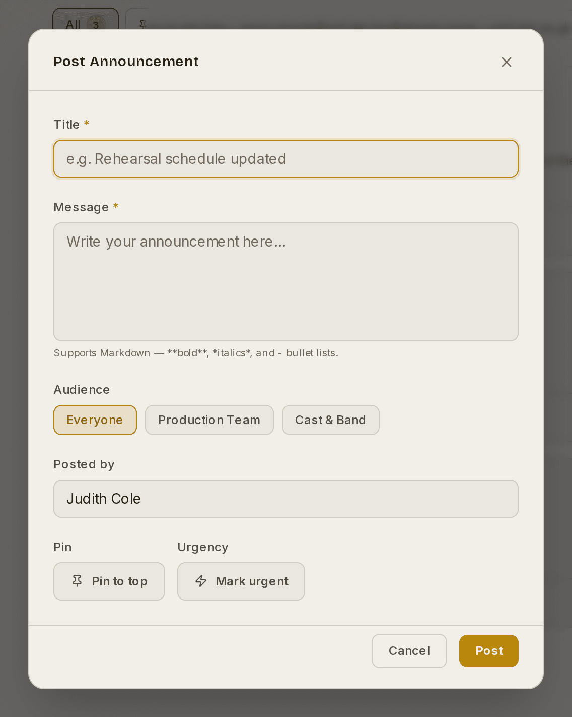 The Post Announcement dialog, with title, message, audience, pin and urgent controls.
