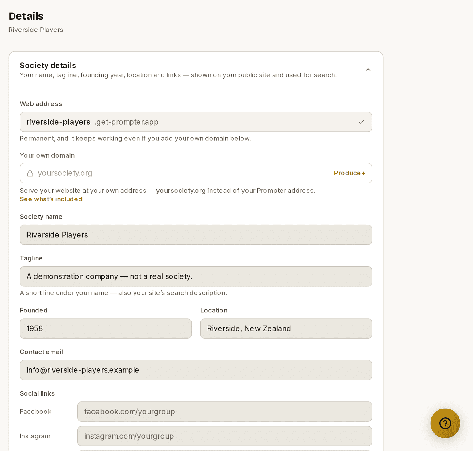 The organisation Details page, with the society name, contact address and web address.