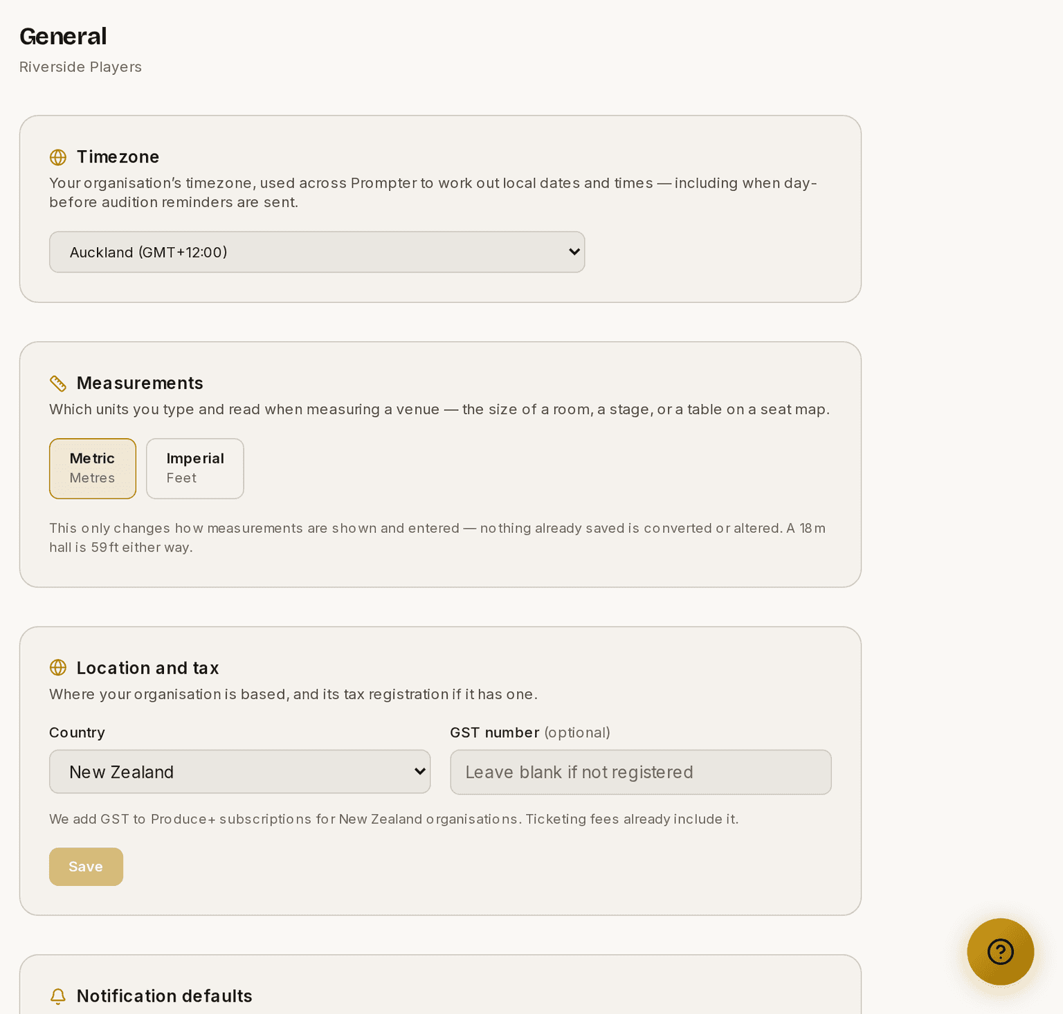 The General settings page, with timezone and measurement units.