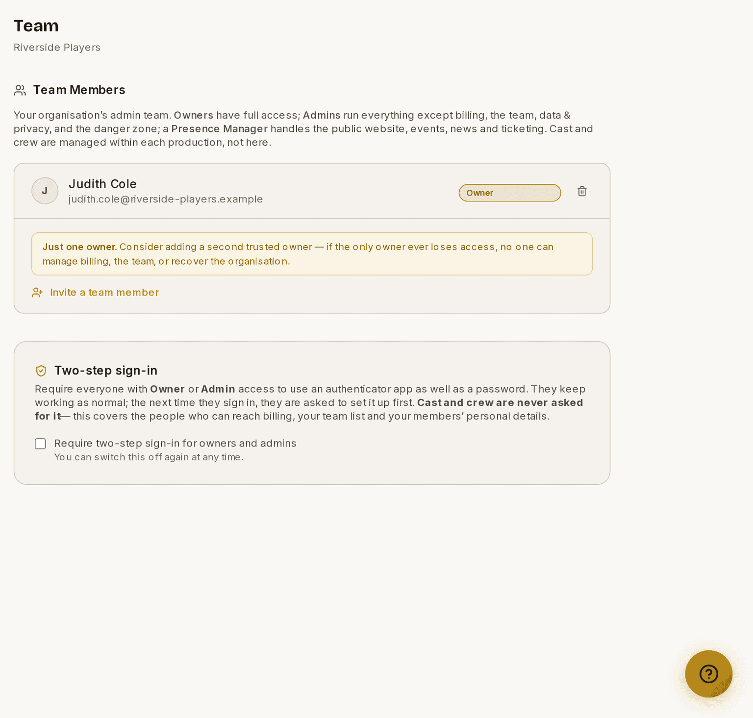 The Team page, listing who holds an admin seat in the organisation.