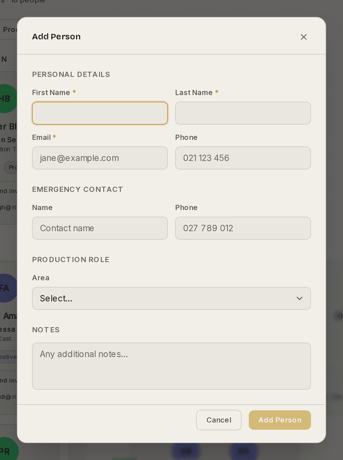 The Add Person dialog, with first name, last name, email and phone fields.
