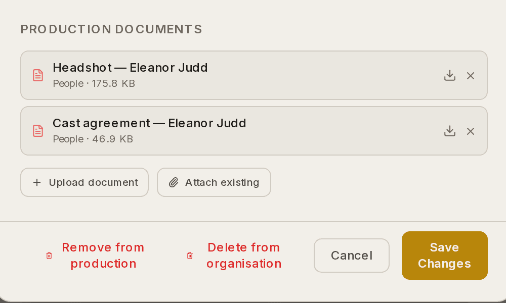 The Production Documents section of a person, listing a headshot filed under People.