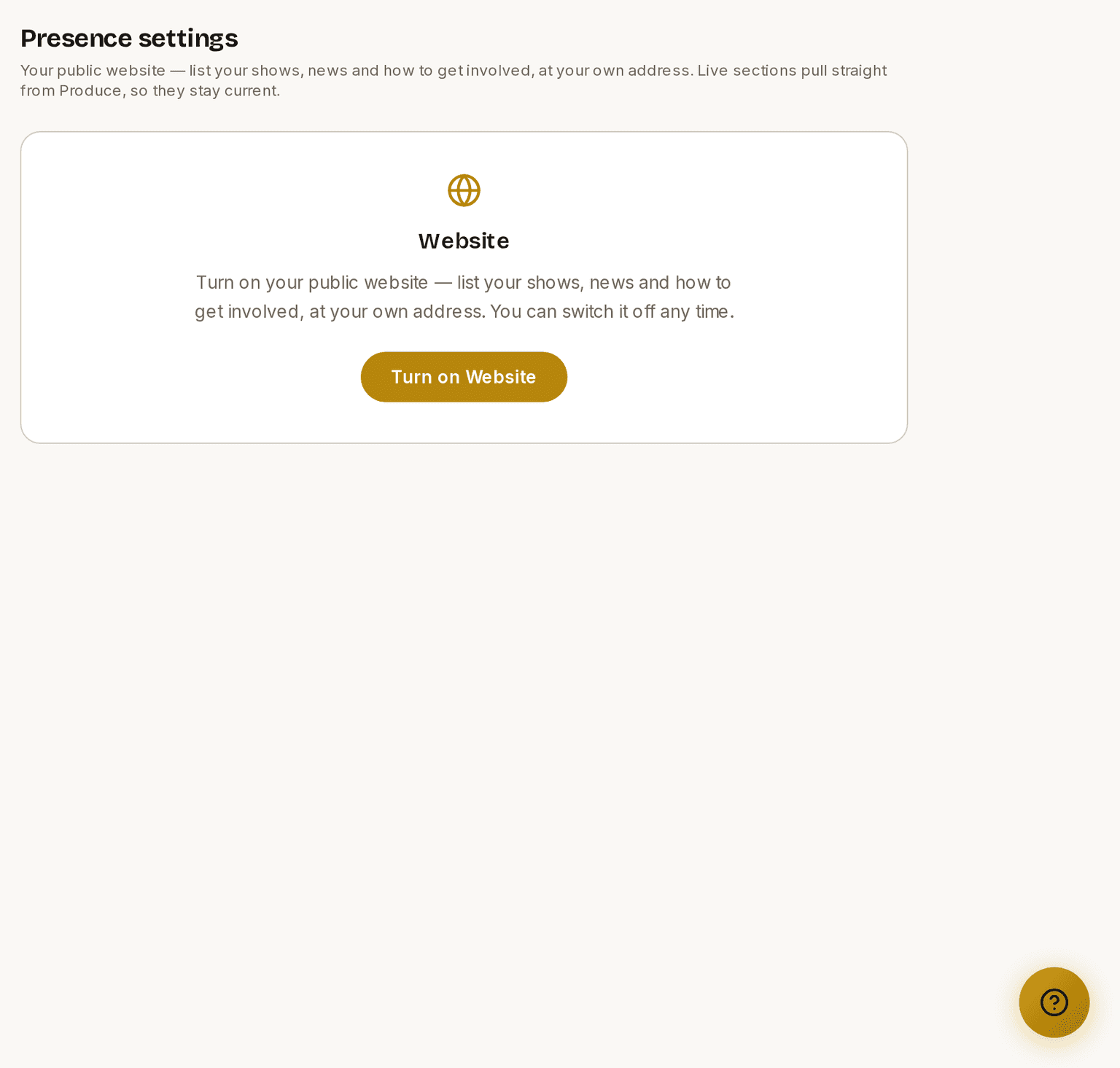 The Presence page before the website is switched on, showing the Turn on Website button.