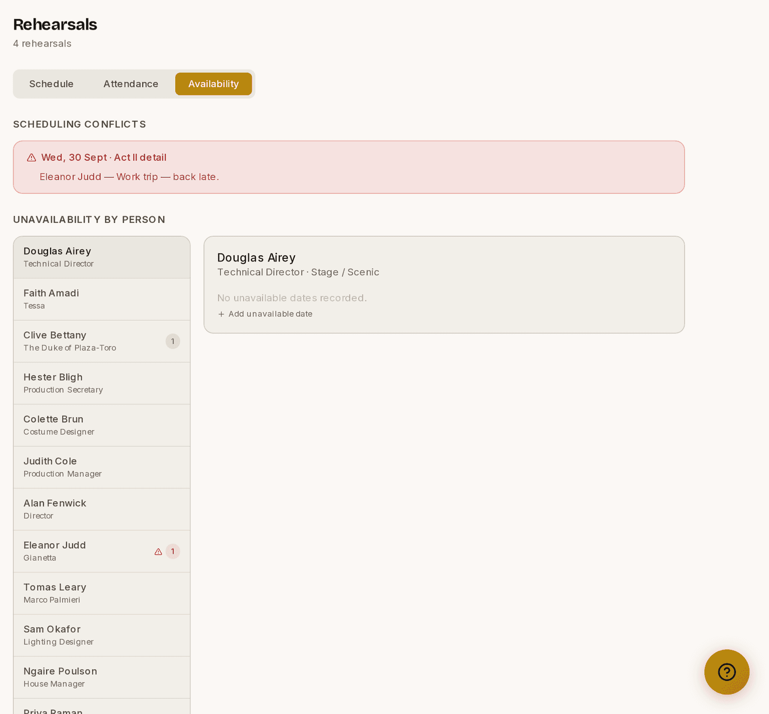 The availability tab, showing a scheduling conflict where somebody called cannot attend.