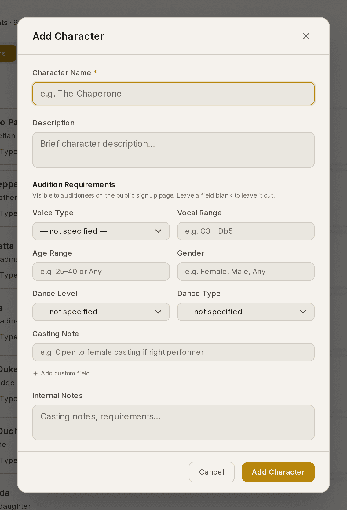 The Add Character dialog, with name, voice type, vocal range, age range and dance level.
