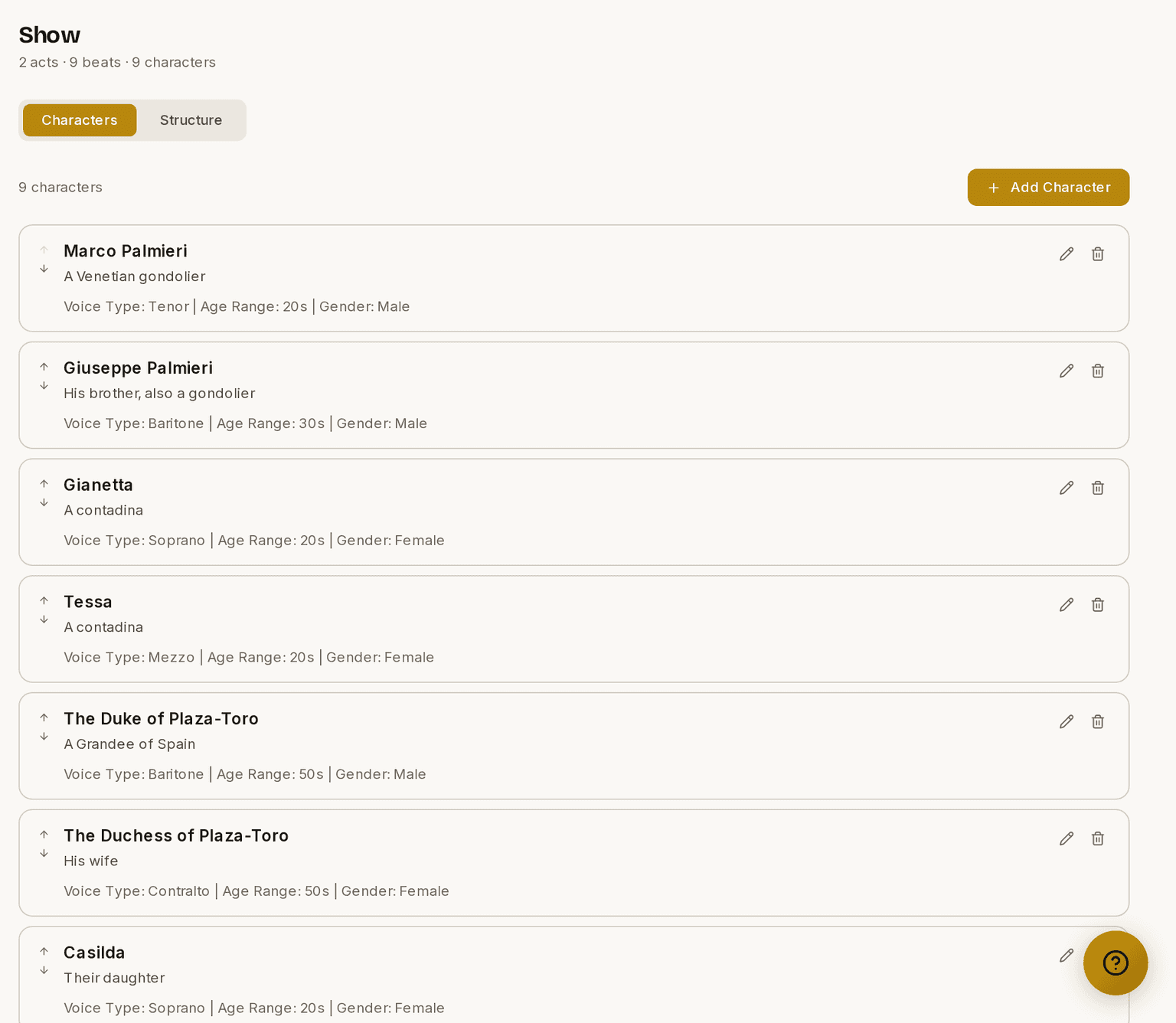 The Characters tab, listing every role in the show with its voice type and age range.