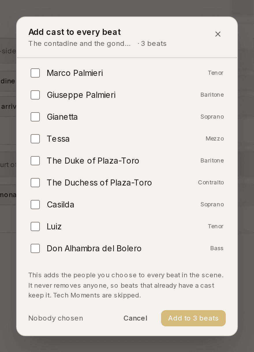 The Add cast to every beat dialog, listing the show's characters with tick boxes.