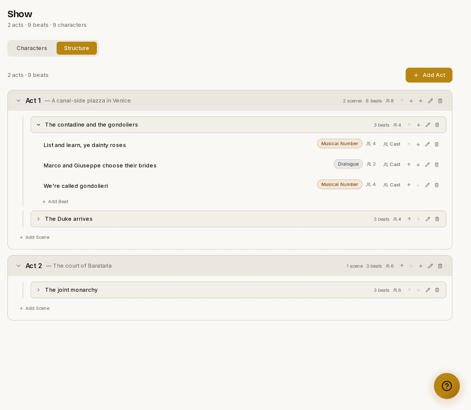 The Structure tab, with acts containing scenes and scenes containing Beats.