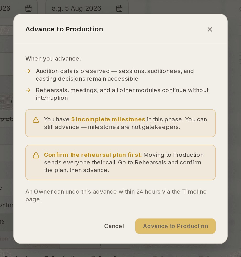 The Advance Phase dialog, showing what advancing will do and what is blocking it.